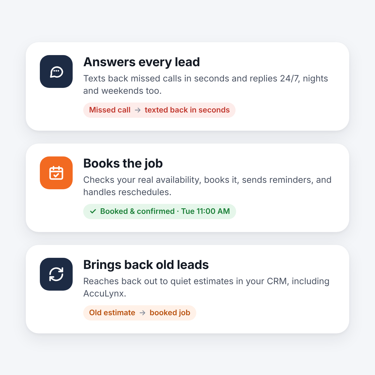 Answers every lead: texts back missed calls in seconds, 24/7. Books the job: checks real availability, books it, sends reminders, handles reschedules. Brings back old leads: reaches back out to quiet estimates in your CRM, including AccuLynx.