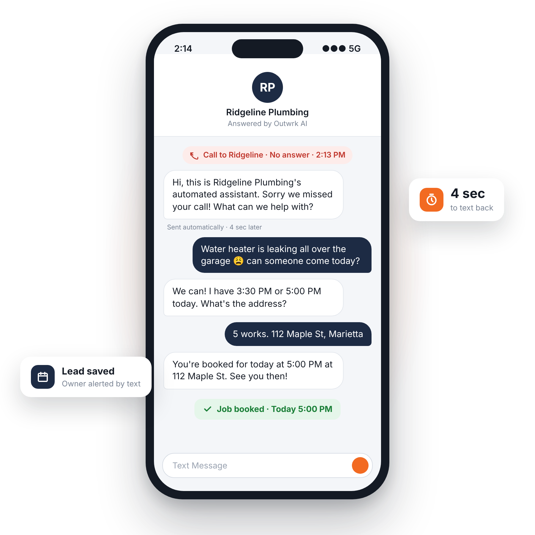 A customer's phone: after a missed call, Outwrk texts back within seconds and books the job for 5 PM.